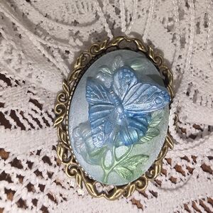 Blue Butterfly Handmade Oval Cameo Brooch in Gold Metal Frame